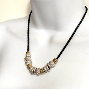 Rhinestone Beads On Black Leatherette Necklace
